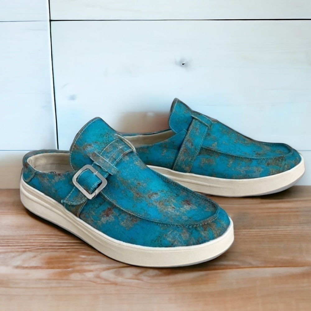 Everglades Slip On Comfort Mules Loafers in Rusted Turquoise, Women’s Size 9